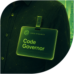 Person wearing a glowing green name badge that reads 'Code Governor' clipped to their chest on a dark shirt.