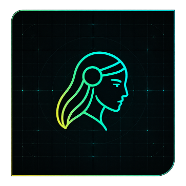 Neon outline illustration of a woman's head in profile wearing a headset, glowing gradient on a dark grid background, representing an AI assistant or virtual support