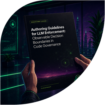 Person's hands hold a dark book titled 'Authoring Guidelines for LLM Enforcement: Observable Decision Boundaries in Code Governance' in a neon-lit futuristic room.