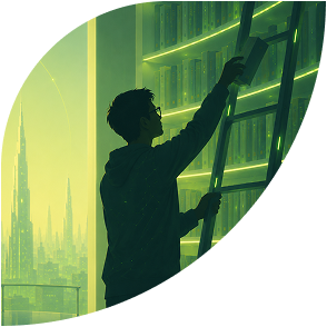 Person in a hoodie climbs a ladder beside glowing green server racks in a futuristic data center, with a city skyline visible in the background.