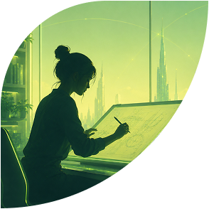 Person using a stylus on a large digital drawing tablet in a modern office with a city skyline outside the window.