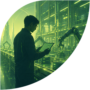 Worker using a tablet beside a robotic arm in a futuristic factory, illuminated by green lights.