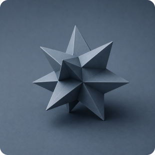 Blue geometric star sculpture with multiple pointed facets on a matching blue background.