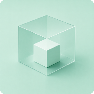 Transparent glass cube frame with a smaller white cube inside on a mint background.