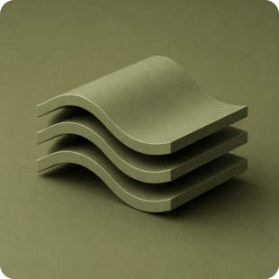 Four olive-green curved panels stacked in a spiraling, layered formation.