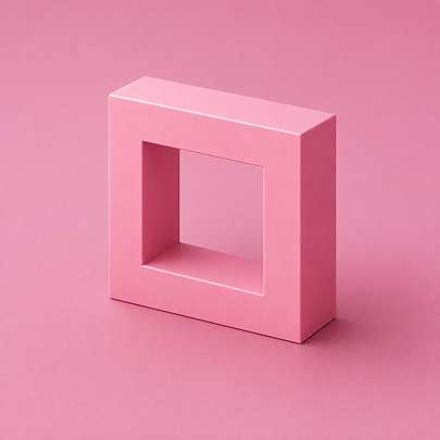 Pink 3D rectangular frame with a square opening, resting on a pink surface.